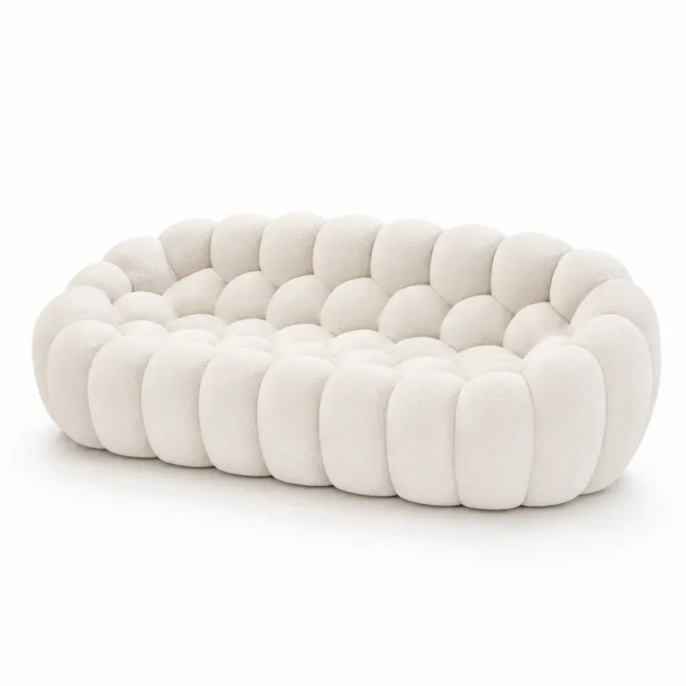 3-Sitzer Sofa mit Rundpolsterung 230 x 110 x 72 cm Polyester Bouclé Sperrholzrahmen oval Cremeweiß