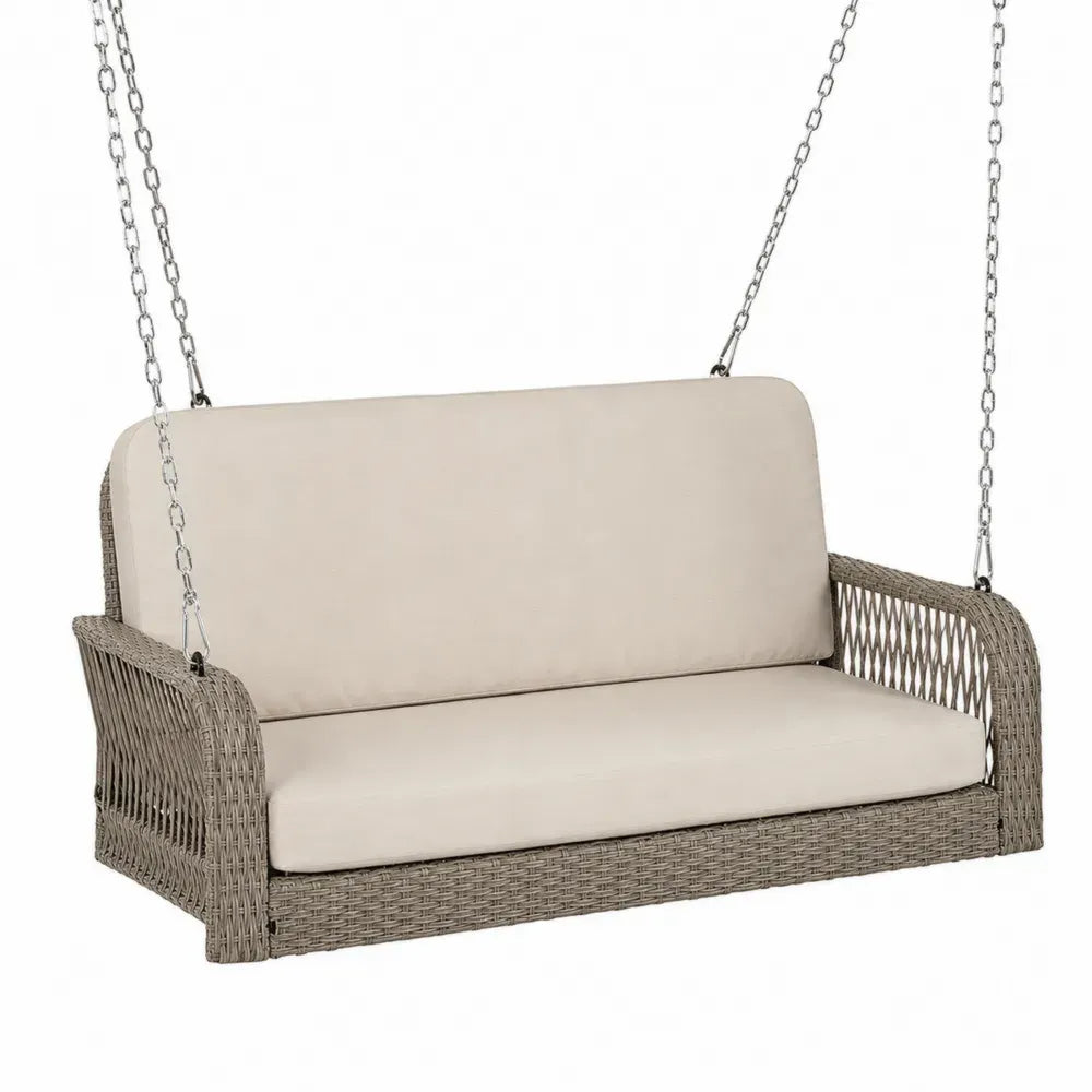 Garten Hängeschaukel 2-Sitzer 150 x 70 x 62 cm rechteckig PE-Rattan Stahl Polyester beigegrau beige silberfarben
