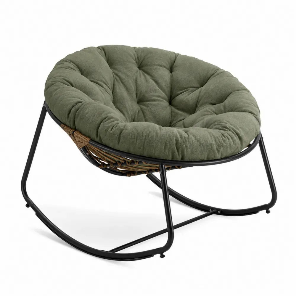 Garten Schaukelstuhl Papasan 1-Sitzer mit rundem Schalensitz PE Rattan Stahl Polyester Olivgrün Naturbraun Schwarz 95 x 85 x 82 cm