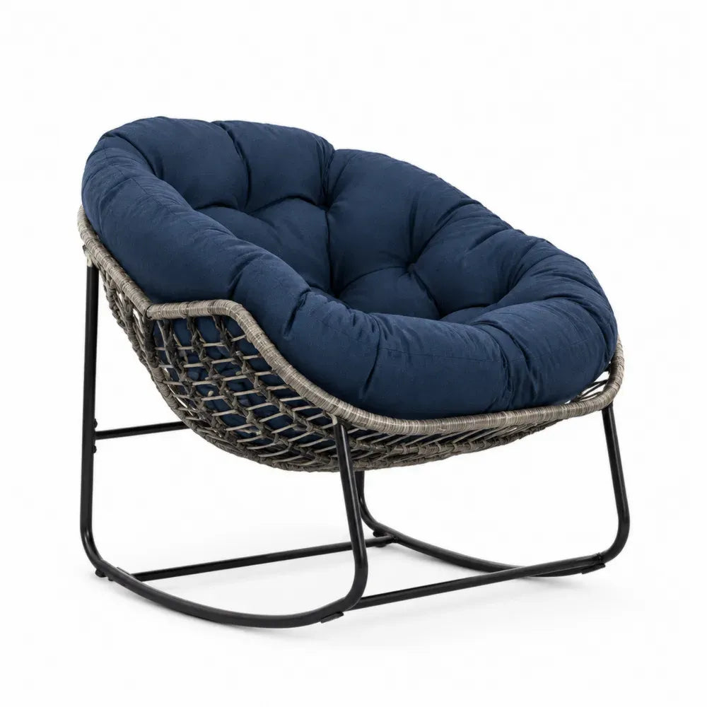 Garten Schaukelstuhl 1-Sitzer Papasan runder Schalensitz PE Rattan Stahl Polyester Dunkelblau Grau Schwarz 90 x 95 x 84 cm