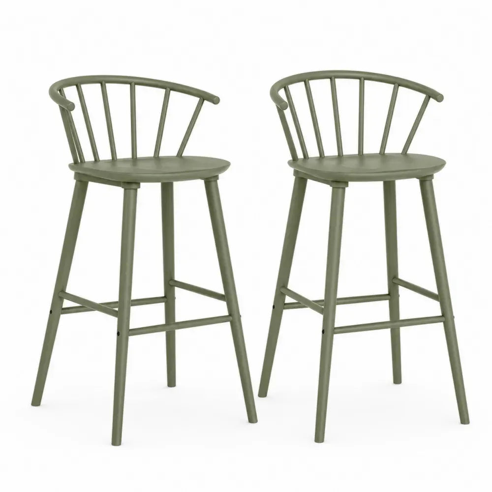 Barhocker 2er Set Holzbarstühle mit Spindelrücken massives Kautschukbaumholz Olivgrün je 52 x 50 x 94 cm
