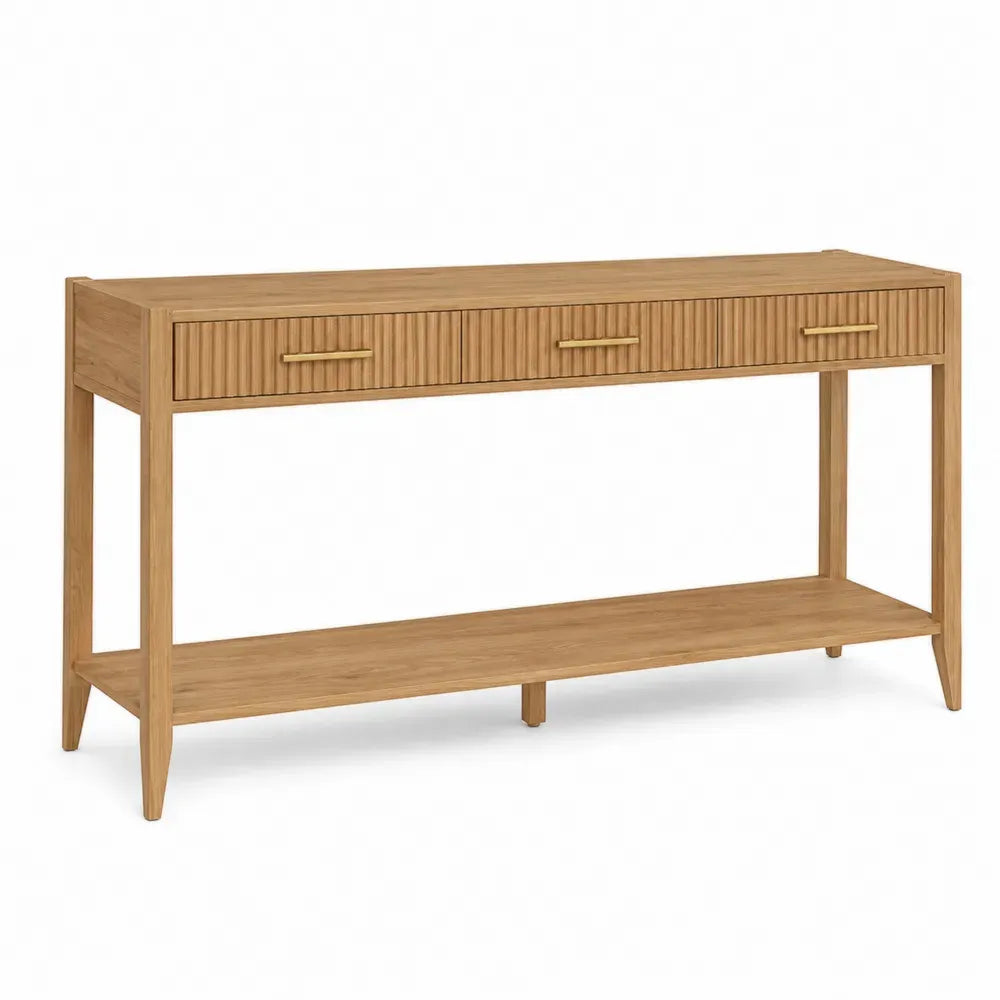 Konsolentisch mit 3 Schubladen Ablage MDF Eichenfurnier Gummibaumholz rechteckig Natur Gold 150 x 40 x 80 cm