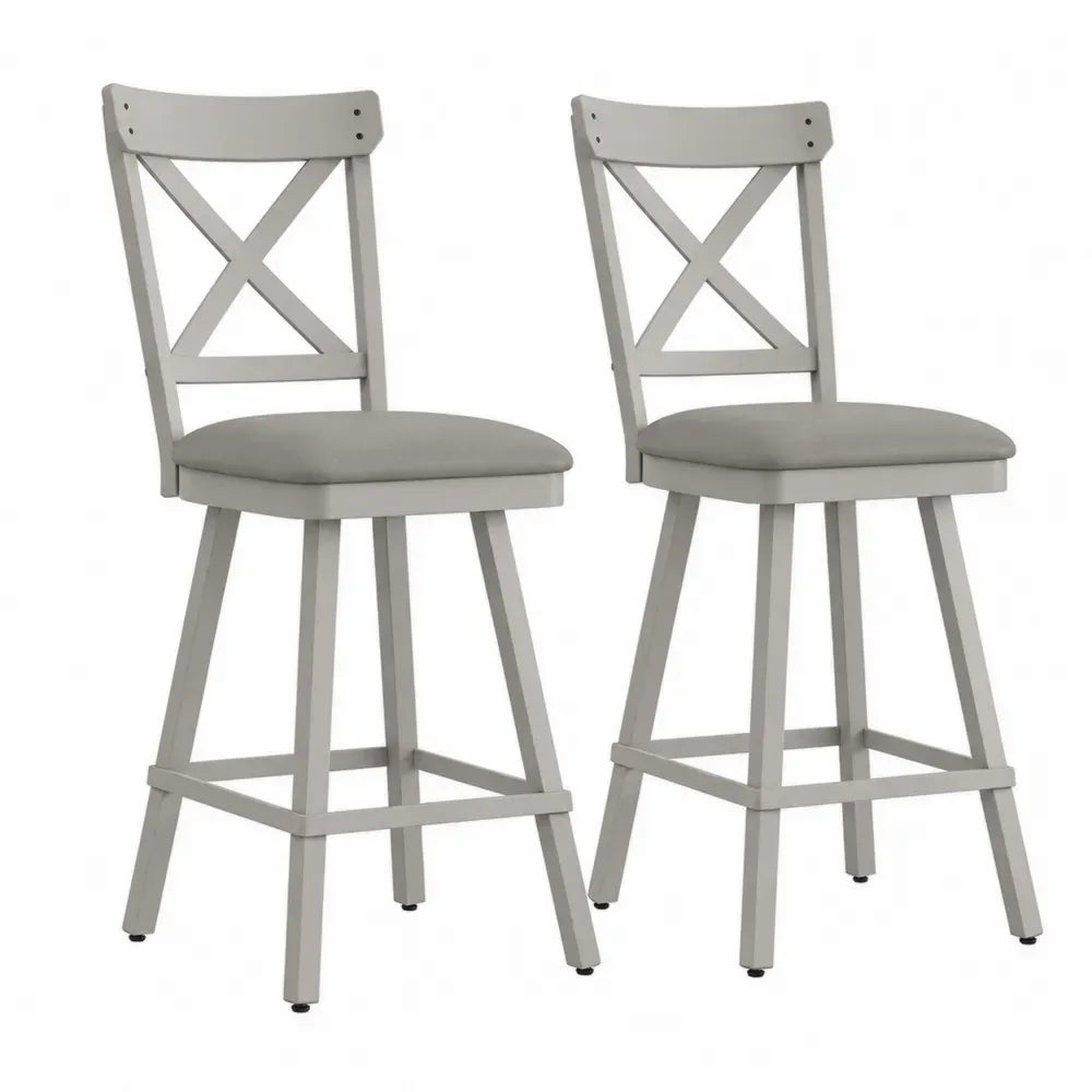 Barhocker 2er Set Holzbarstühle mit Kreuzrücken und Sitzkissen 45 x 50 x 108 cm Kautschukbaumholz Polyestergewebe Polyurethanschaum Hellgrau Mittelgrau Schwarz