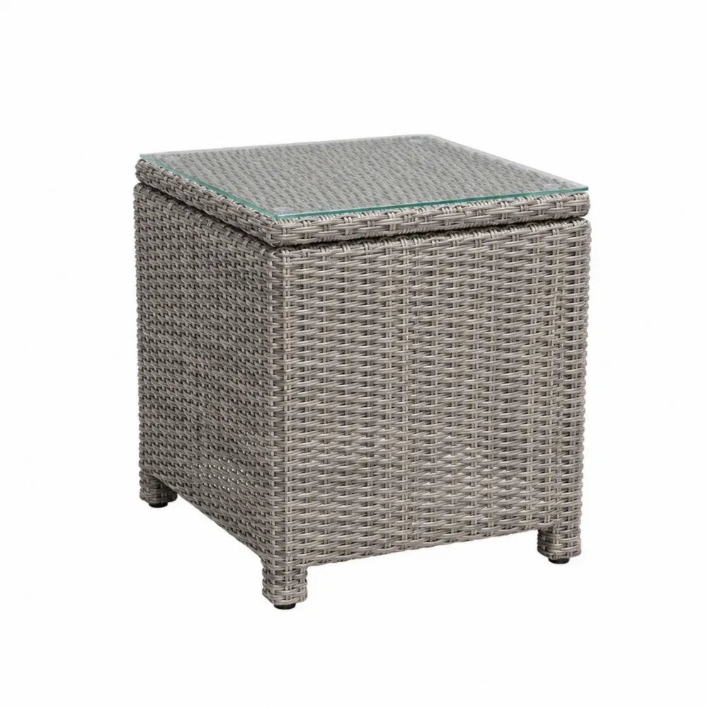 Gartenbeistelltisch quadratisch mit Glasplatte PE Rattan pulverbeschichteter Stahlrahmen Grau Transparent 50 x 50 x 50 cm