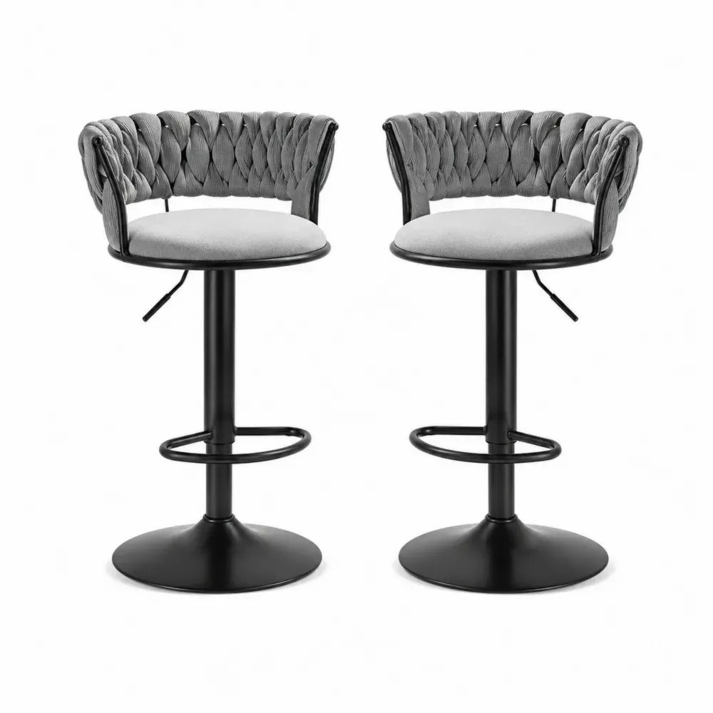 Barhocker 2er Set höhenverstellbar mit Rückenlehne und Fußring rund Polyesterkordel Stahl Grau Schwarz 50 x 50 x 84 bis 104 cm