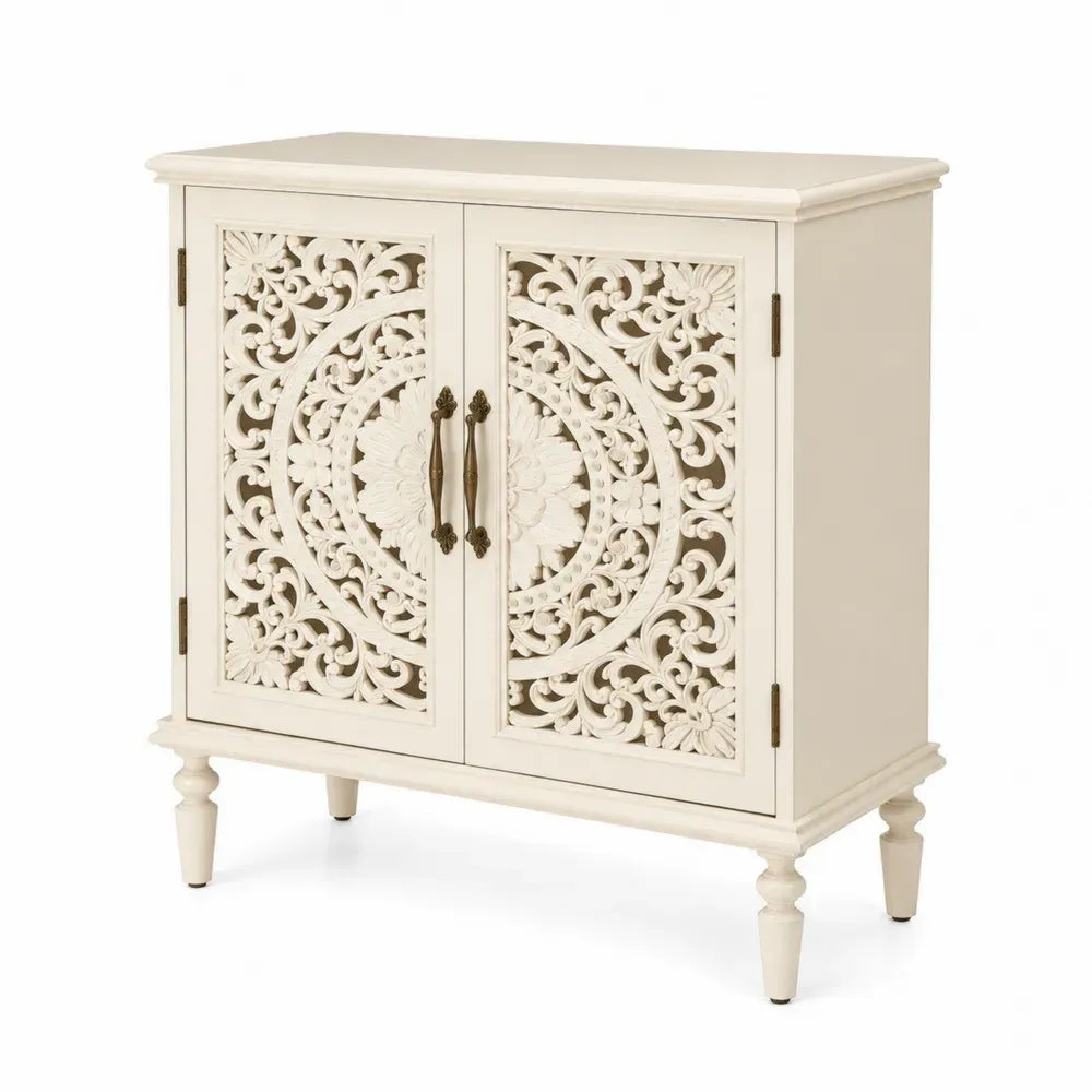 Aufbewahrungsschrank Kommode mit 2 Türen 85 x 35 x 90 cm MDF mit durchbrochener Ornamentfront rechteckig Creme Antikbronze