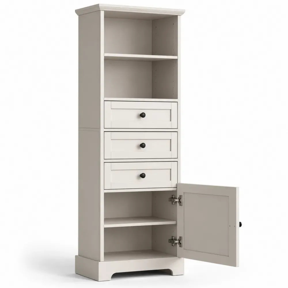 Aufbewahrungsschrank Hochschrank rechteckig mit offenen Fächern 3 Schubladen 1 Tür MDF Spanplatte Cremeweiß Schwarz 60 x 35 x 180 cm