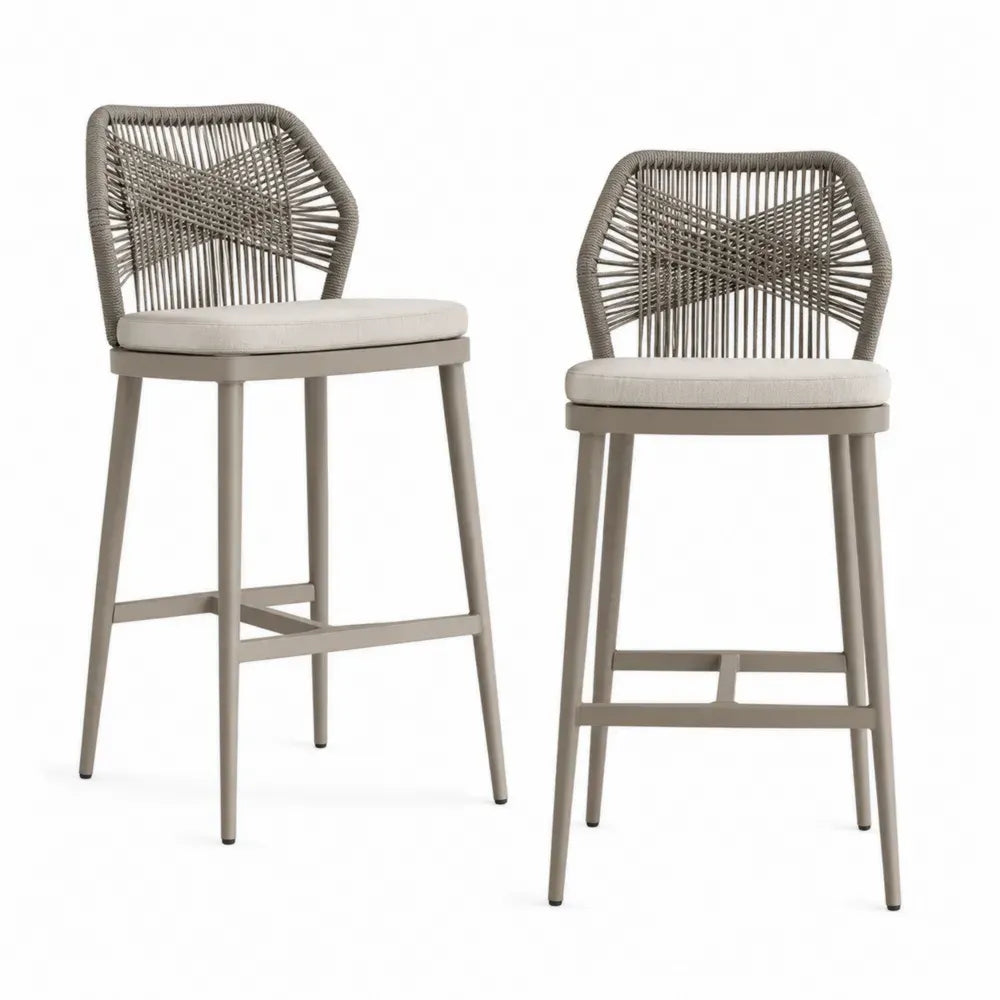Barhocker 2er Set mit Rückenlehne und Fußstütze Polyesterkordel Polyestergewebe Polyurethanschaum Stahl Taupe Beige je 52 x 55 x 105 cm