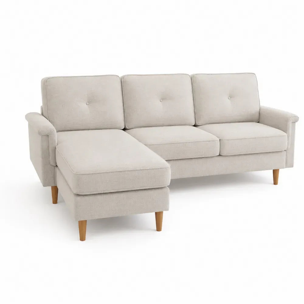 Ecksofa 3-Sitzer mit Recamiere links Knopfheftung Polyestergewebe Sperrholzrahmen Gummibaumholzbeine Beige Naturbraun 205 x 145 x 84 cm