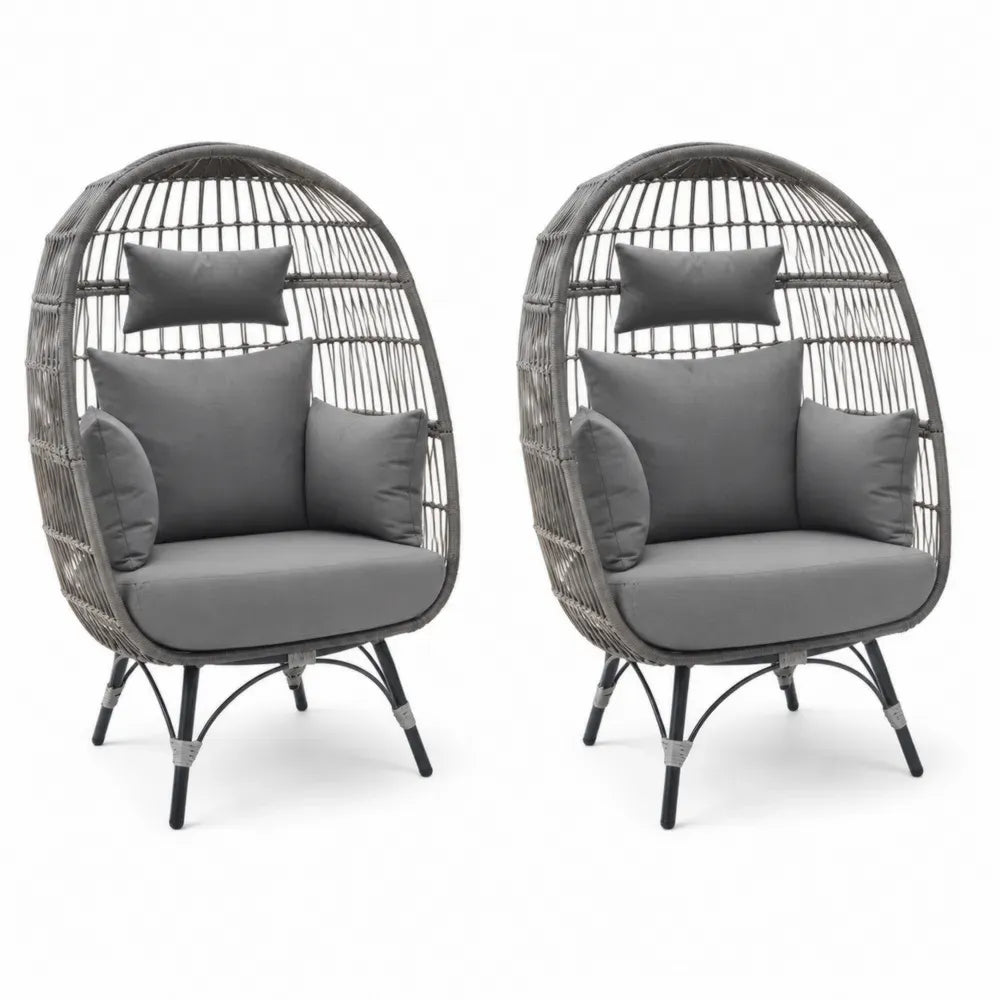 Garten-Eiersessel 2er-Set mit Kissen 90 x 82 x 150 cm PE-Rattan Stahl Polyester oval Grau Schwarz