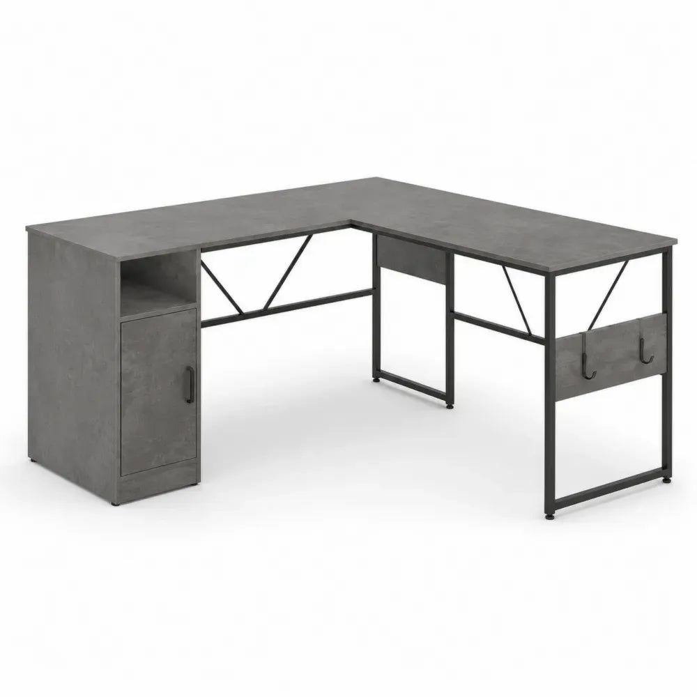 Eckschreibtisch mit Schrank und Haken L Form aus melaminbeschichteter Spanplatte und Stahl Grau Betonoptik Schwarz 150 x 120 x 75 cm