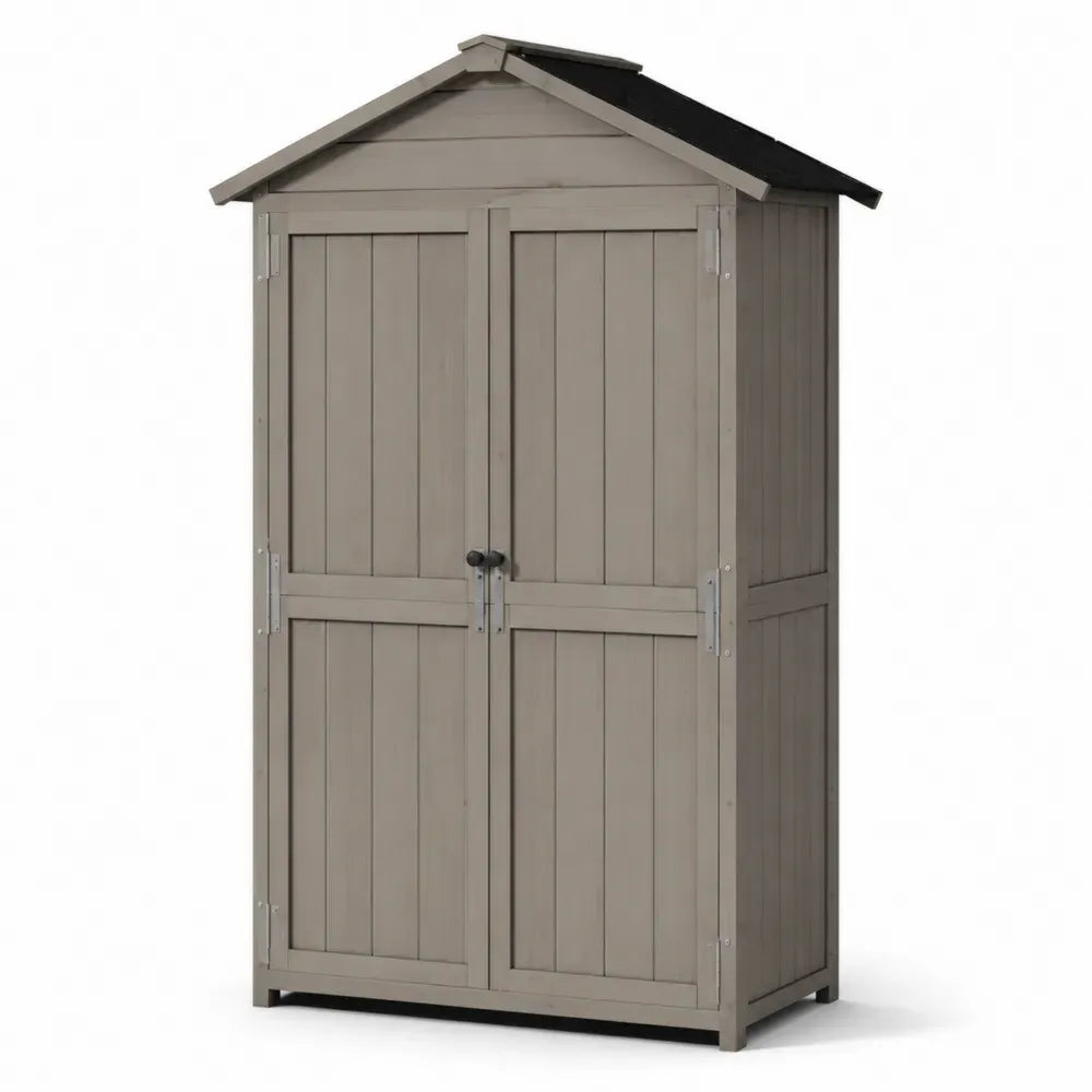 Gartenschrank Geräteschuppen mit Satteldach und 2 Drehtüren 100 x 70 x 180 cm PP-Kunststoff rechteckig Taupe Schwarz Silberfarben