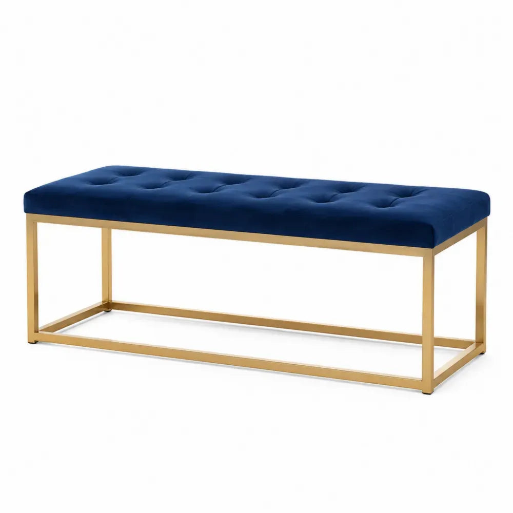 Schlafzimmerbank Sitzbank rechteckig mit Polyester-Samtbezug PU-Schaum Stahlgestell Dunkelblau Gold 120 x 40 x 45 cm