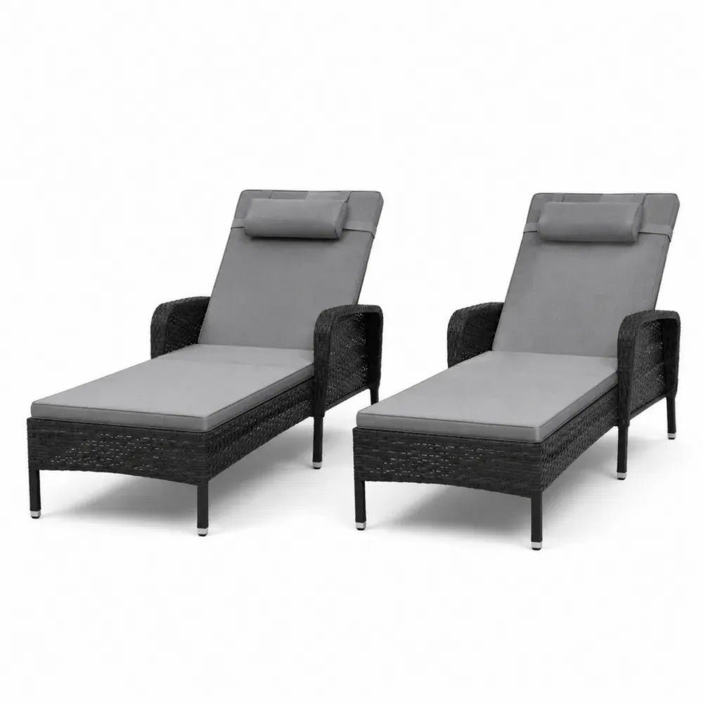 Gartenliege Sonnenliege 2er Set 195 x 70 x 95 cm rechteckig PE-Rattan Stahlrohr Polyestergewebe Schwarz Grau mit Armlehnen