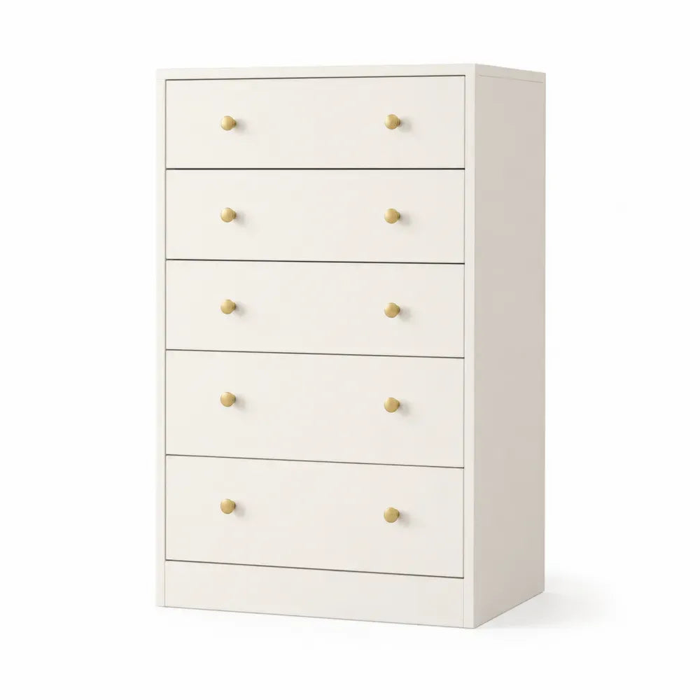 Kommode Schubladenschrank mit 5 Schubladen rechteckig aus MDF und Spanplatte Creme Goldfarben 80 x 40 x 120 cm