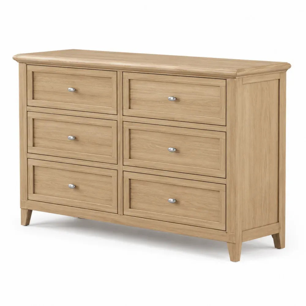 Kommode Sideboard mit 6 Schubladen 120 x 45 x 85 cm MDF mit Eichenfurnier und Kautschukbaumholz rechteckig Eiche natur Silberfarben