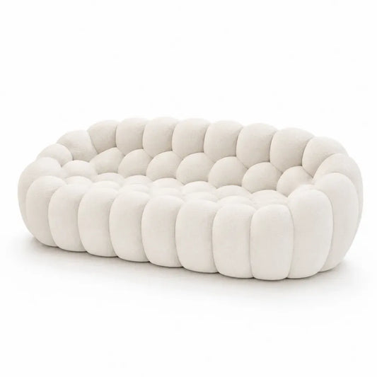 3-Sitzer Sofa mit Rundpolsterung 230 x 110 x 72 cm Polyester Bouclé Sperrholzrahmen oval Cremeweiß