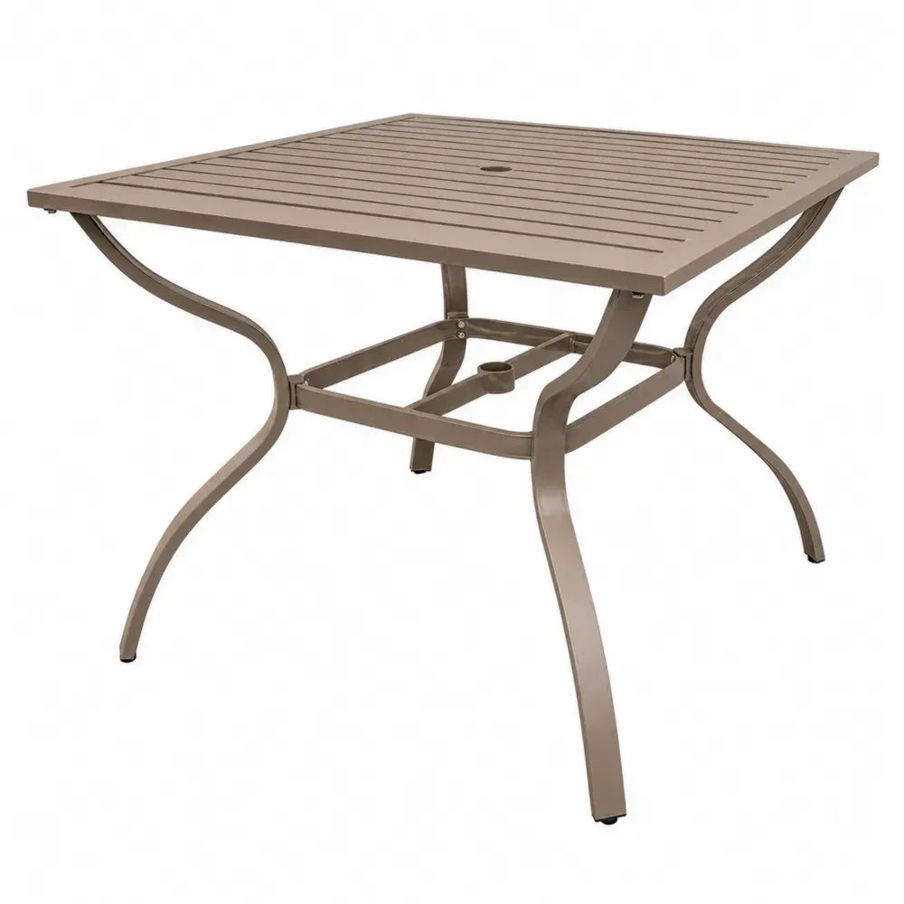 Gartentisch Esstisch quadratisch mit Schirmloch pulverbeschichtetes Aluminium Lamellentischplatte Taupe 120 x 120 x 74 cm