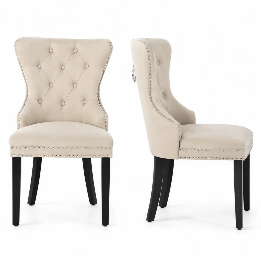 Esszimmerstühle 2er Set Polsterstühle mit Knopfheftung Polyestergewebe Polyurethanschaum Kautschukbaumholz Beige Schwarz Silberfarben 56 x 62 x 96 cm