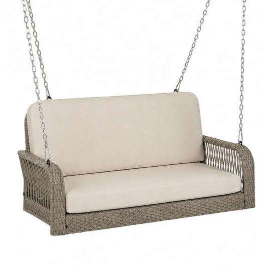 Garten Hängeschaukel 2-Sitzer 150 x 70 x 62 cm rechteckig PE-Rattan Stahl Polyester beigegrau beige silberfarben