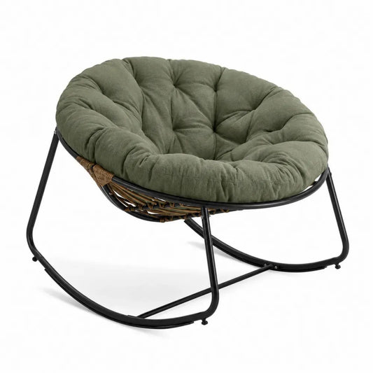 Garten Schaukelstuhl Papasan 1-Sitzer mit rundem Schalensitz PE Rattan Stahl Polyester Olivgrün Naturbraun Schwarz 95 x 85 x 82 cm