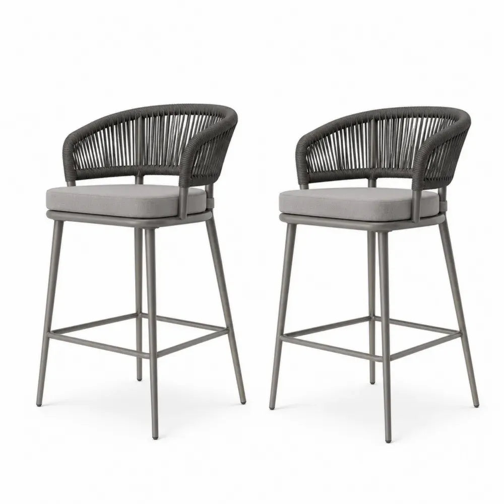 Barhocker 2er Set Barstühle mit Armlehnen Sitzkissen PE-Rattan Polyestergewebe Stahl Anthrazitgrau Grau je 58 x 56 x 95 cm