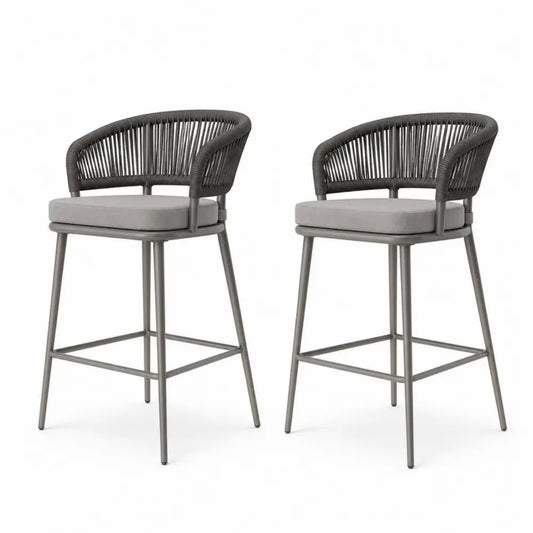 Barhocker 2er Set Barstühle mit Armlehnen Sitzkissen PE-Rattan Polyestergewebe Stahl Anthrazitgrau Grau je 58 x 56 x 95 cm
