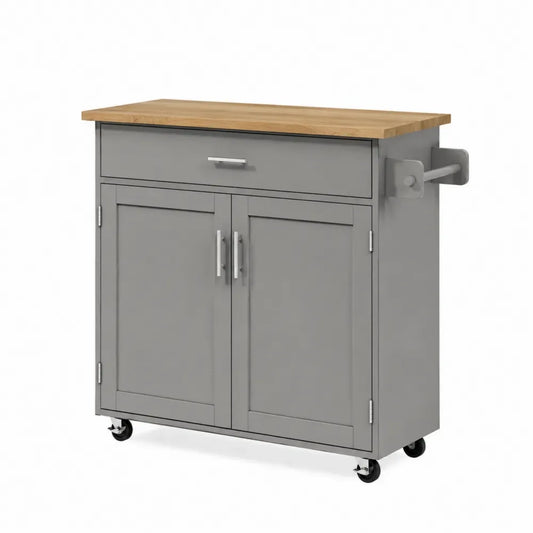 Küchenwagen Servierwagen mit Schublade Türen Rollen und Handtuchhalter MDF Kautschukbaumholz Stahl Grau Naturholzfarben 90 x 45 x 90 cm