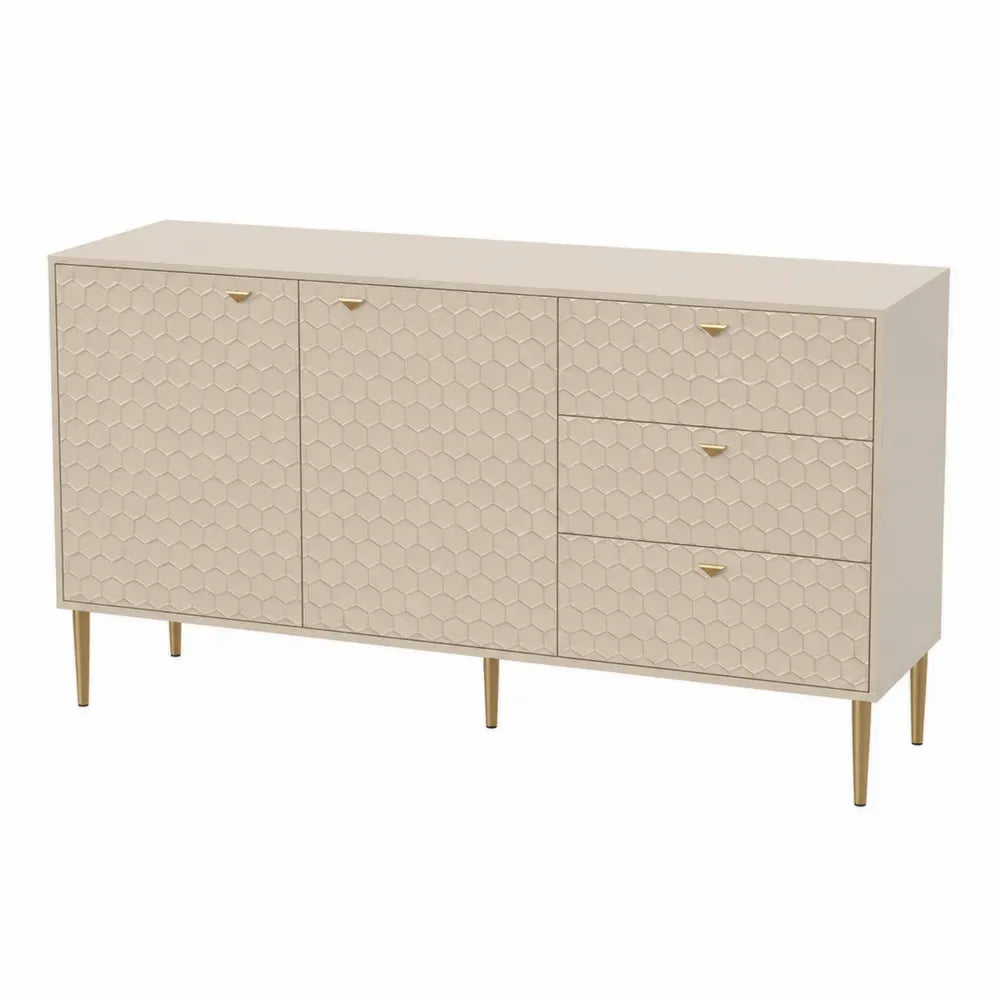 Sideboard Aufbewahrungsschrank rechteckig mit 2 Türen 3 Schubladen MDF Wabenfront Stahl Beige Gold 160 x 40 x 80 cm