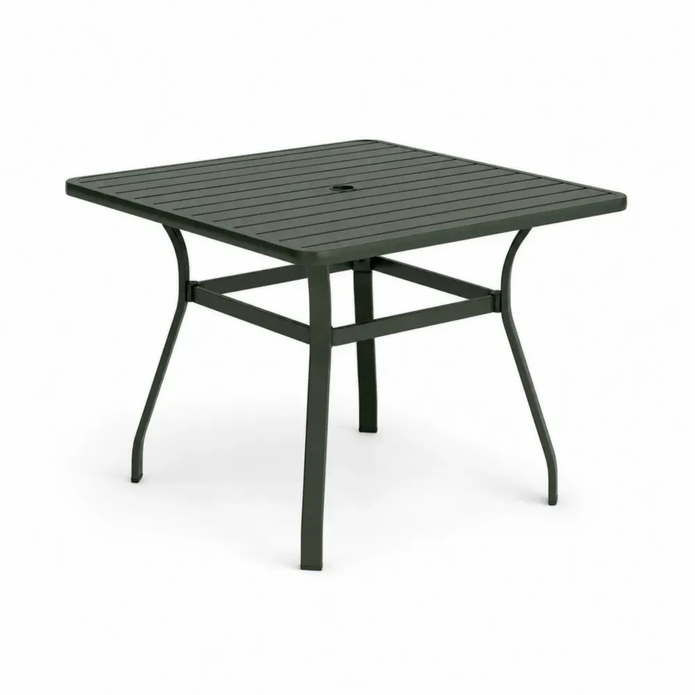 Gartentisch Esstisch quadratisch mit Schirmloch pulverbeschichteter Stahl Lamellentischplatte Dunkelgrün 90 x 90 x 74 cm