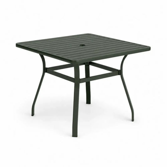 Gartentisch Esstisch quadratisch mit Schirmloch pulverbeschichteter Stahl Lamellentischplatte Dunkelgrün 90 x 90 x 74 cm