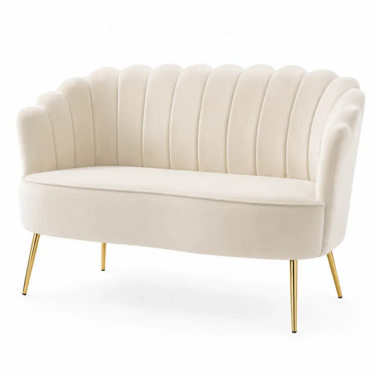 2-Sitzer Sofa mit Muschelrückenlehne 135 x 72 x 78 cm Polyester Samt Sperrholzrahmen Stahlbeine halbrund Creme Gold Schwarz