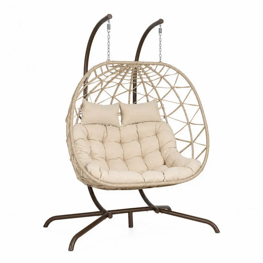 Hängesessel Garten 2-Sitzer mit Gestell PE Rattan Stahl Polyester Beige Naturbraun Dunkelbraun 138 x 125 x 203 cm