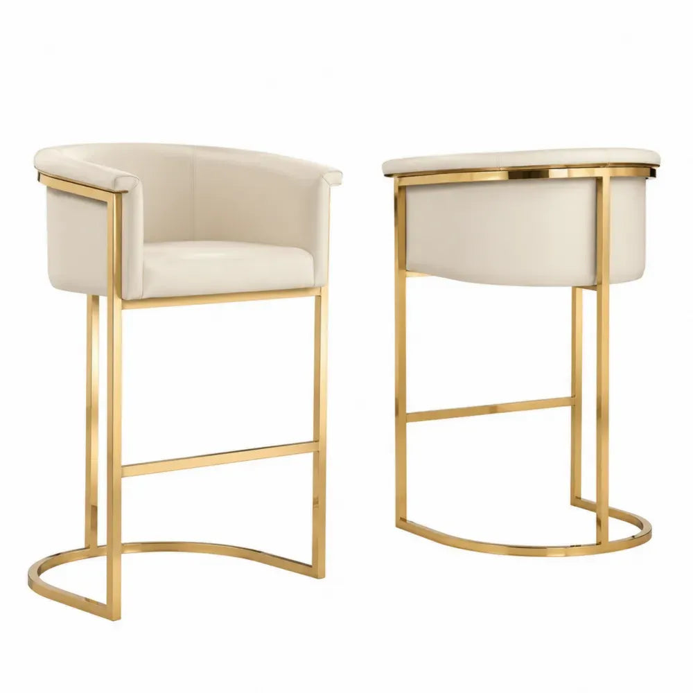 Barhocker 2er Set mit Rückenlehne Armlehnen und Fußstütze 55 x 54 x 96 cm PU-Kunstleder Polyurethanschaum Edelstahlgestell halbrund Creme Goldfarben