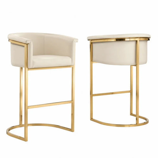 Barhocker 2er Set mit Rückenlehne Armlehnen und Fußstütze 55 x 54 x 96 cm PU-Kunstleder Polyurethanschaum Edelstahlgestell halbrund Creme Goldfarben