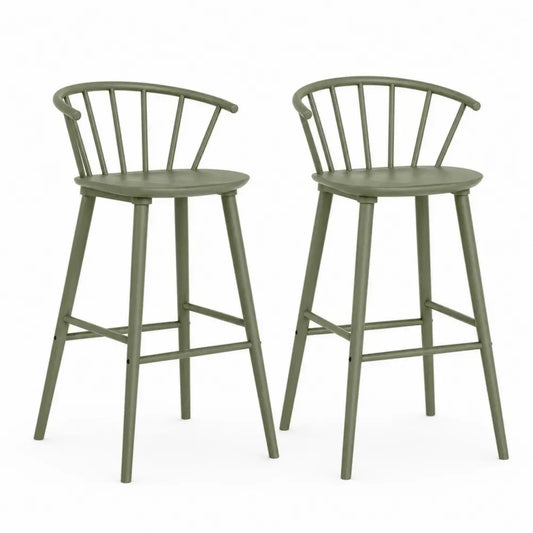 Barhocker 2er Set Holzbarstühle mit Spindelrücken massives Kautschukbaumholz Olivgrün je 52 x 50 x 94 cm