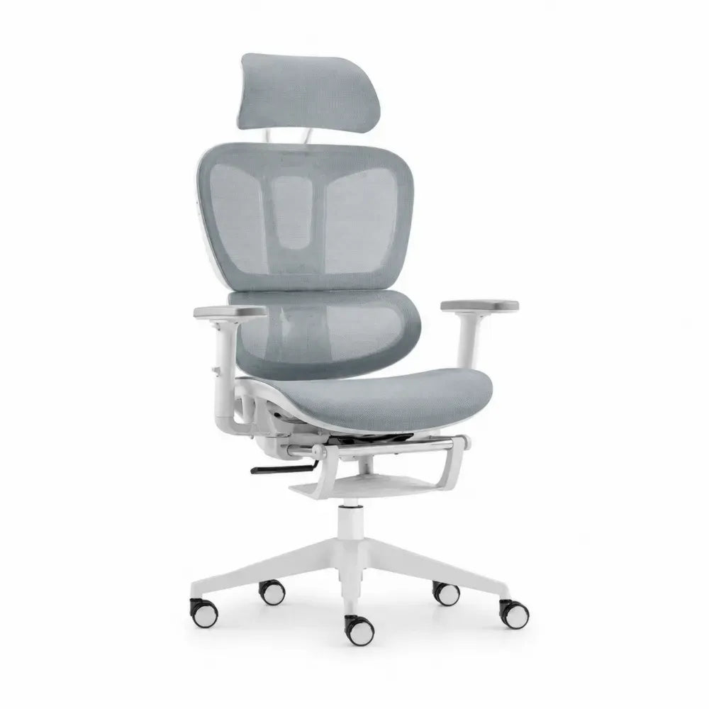 Bürostuhl Computerstuhl höhenverstellbar mit Kopfstütze Armlehnen und Rollen 66 x 66 x 115-127 cm Polyester-Netzgewebe Polyurethanschaum Nylon Stahl Hellgrau Weiß Schwarz