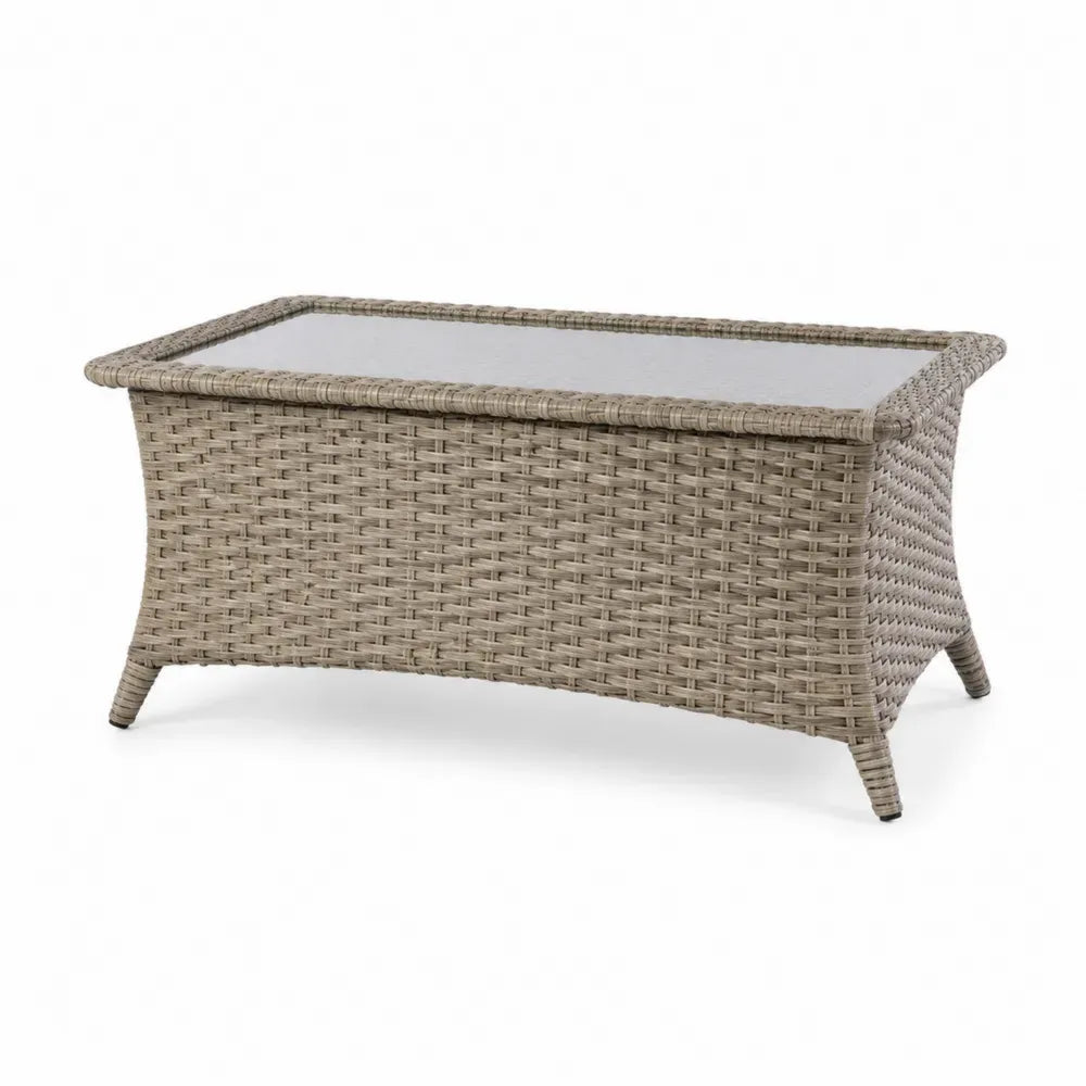 Gartentisch Loungetisch mit gehärteter Glasplatte 110 x 60 x 45 cm PE-Rattan Stahlrahmen rechteckig Naturgrau Dunkelgrau