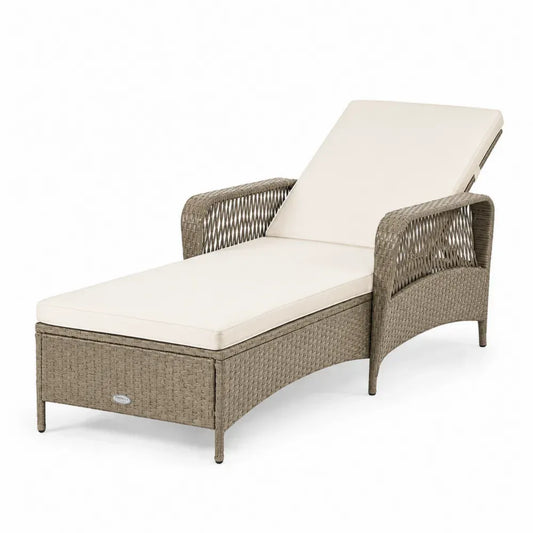 Gartenliege Sonnenliege 198 x 75 x 95 cm rechteckig PE-Rattan Stahl Polyester beigegrau creme mit Armlehnen