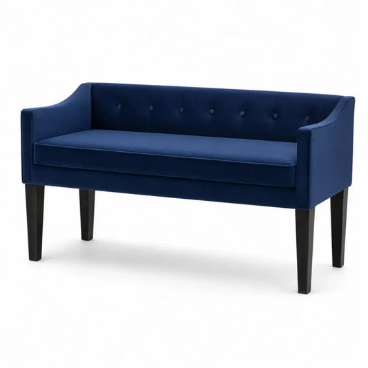 Schlafzimmerbank Sitzbank mit Rückenlehne und Armlehnen rechteckig Polyester-Samtstoff Polyurethanschaum Kautschukbaumholz Dunkelblau Schwarz 140 x 55 x 72 cm