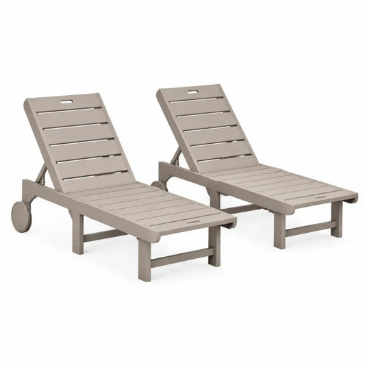 Gartenliege Sonnenliege 2er Set 190 x 64 x 86 cm rechteckig HDPE Polyethylen Beige Taupe mit verstellbarer Rückenlehne und Rädern