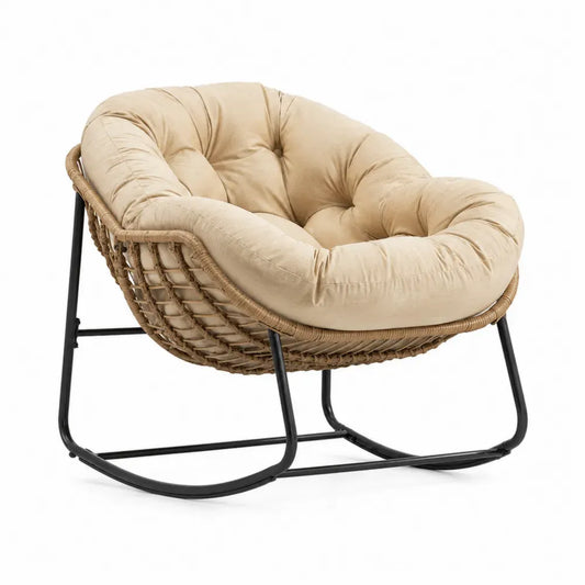 Garten Schaukelstuhl Papasan 1-Sitzer runder Schalensitz PE Rattan Stahl Polyester Beige Naturbraun Schwarz 90 x 95 x 84 cm