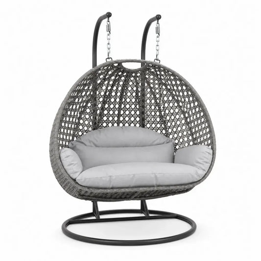 Hängesessel 2-Sitzer mit Gestell und Kissen 135 x 120 x 195 cm PE-Rattan Stahl Polyester halbrund Grau Hellgrau Schwarz