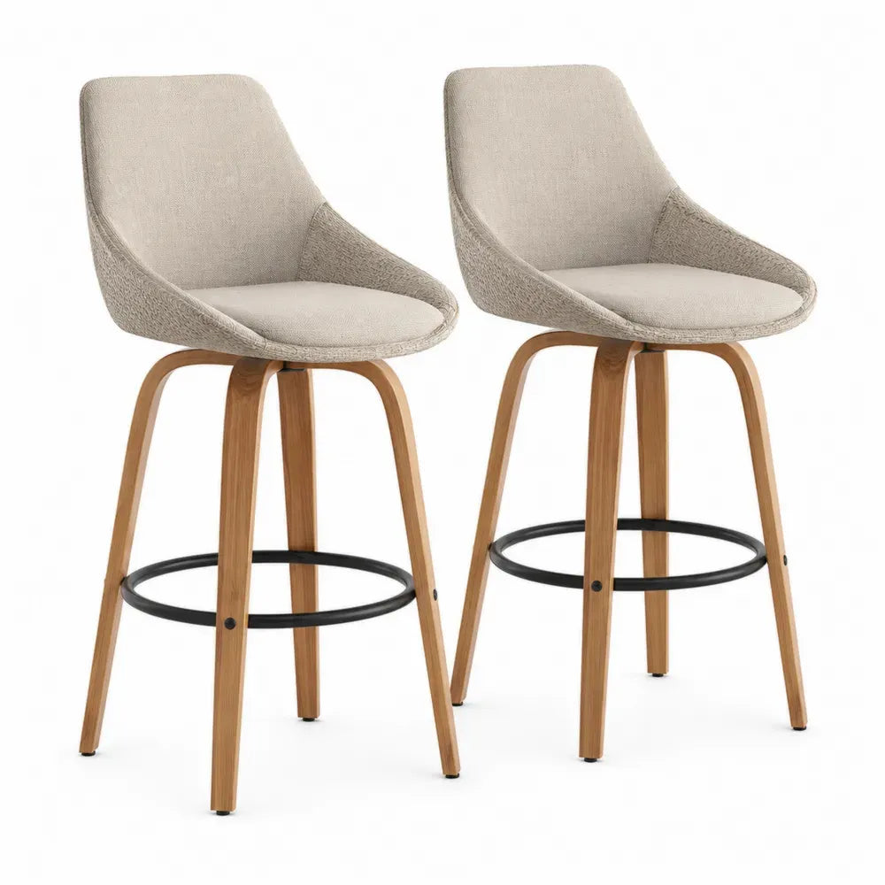 Barhocker 2er Set drehbare Barstühle mit Armlehnen Fußring und Sitzkissen Polyestergewebe Kautschukbaumholz Stahl Beige Naturholzfarben Schwarz je 56 x 58 x 98 cm