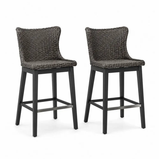 Barhocker 2er Set mit Rückenlehne 48 x 52 x 103 cm Polyethylen-Rattan pulverbeschichteter Stahl rechteckig Grau Schwarz