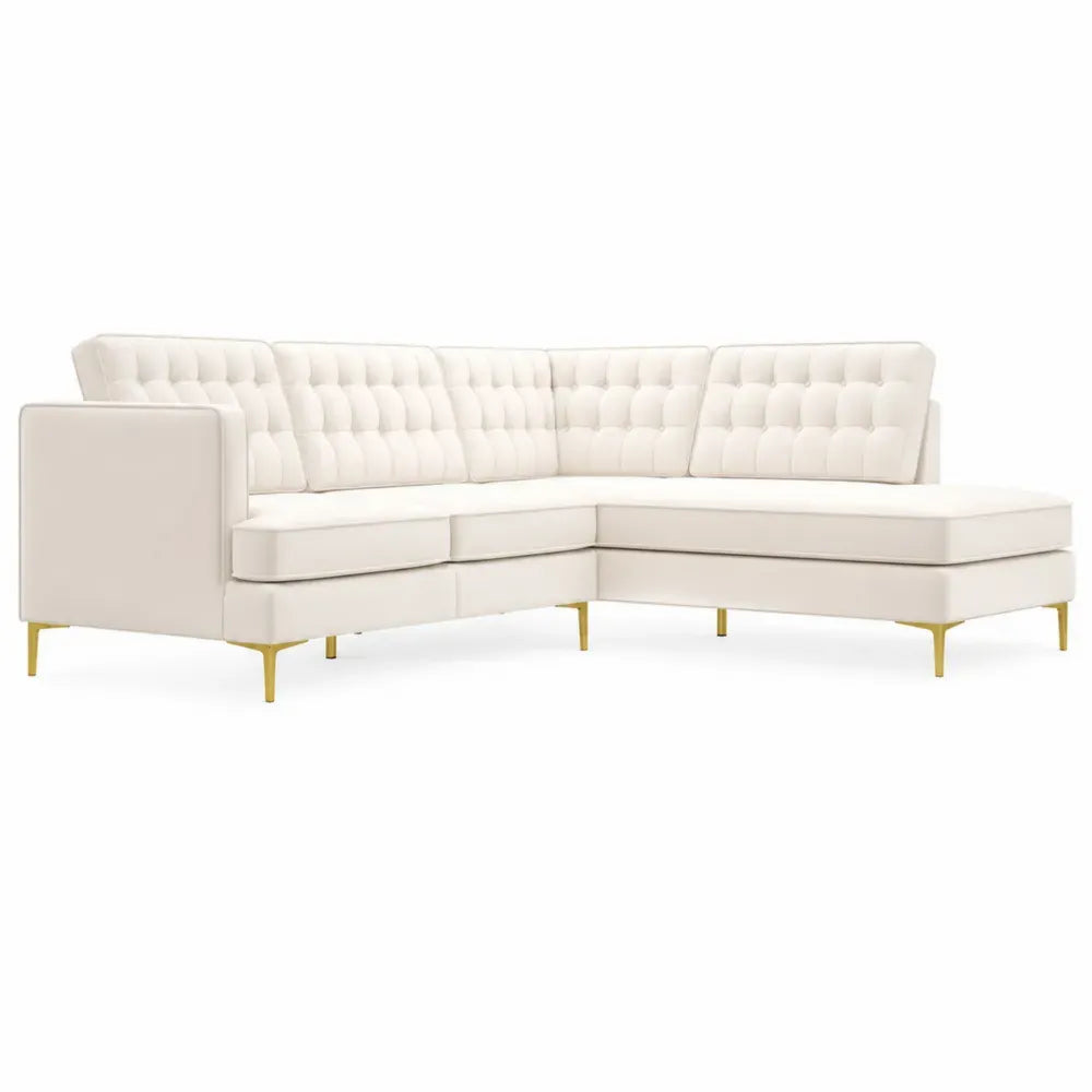 Ecksofa 4-Sitzer mit rechter Recamiere 260 x 170 x 82 cm Polyester Samt Sperrholzrahmen Stahlbeine L-Form Creme Gold