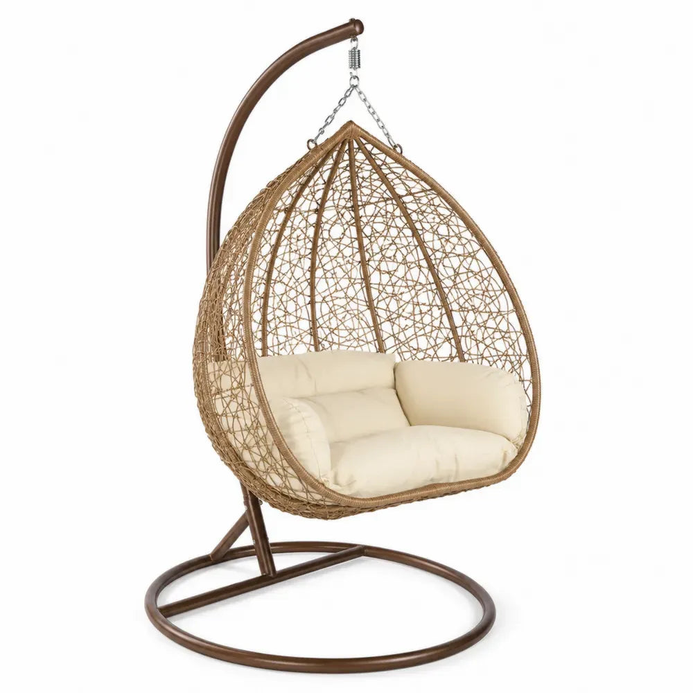 Hängesessel mit Gestell 1-Sitzer tropfenförmig PE Rattan Stahl Polyester Naturbraun Creme Braun Silber 105 x 105 x 195 cm