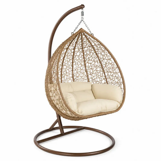 Hängesessel mit Gestell 1-Sitzer tropfenförmig PE Rattan Stahl Polyester Naturbraun Creme Braun Silber 105 x 105 x 195 cm