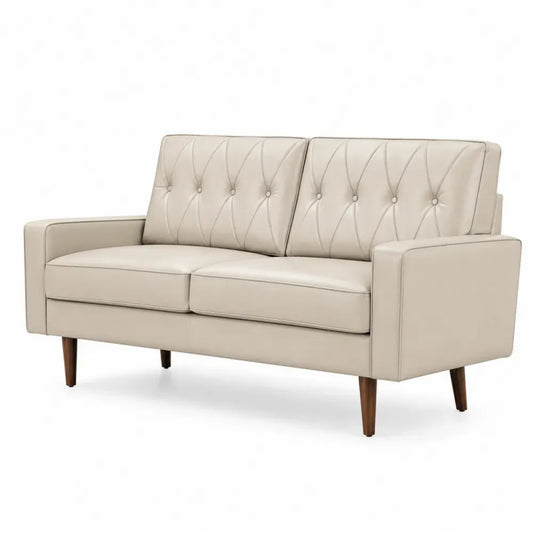 2-Sitzer Sofa mit Armlehnen und Rautensteppung 150 x 78 x 85 cm PU-Kunstleder PU-Schaum Gummibaumholzbeine rechteckig Creme Braun