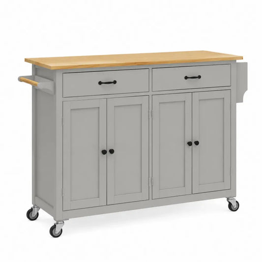 Küchenwagen rechteckig mit Arbeitsplatte 2 Schubladen 4 Türen Rollen MDF Kautschukbaumholz Stahl Grau Naturholzfarben Schwarz 120 x 45 x 90 cm